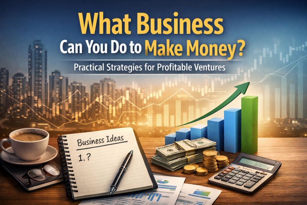 What business can you do to make money concept image showing business planning tools, financial growth charts, and profit symbols in a modern urban setting.